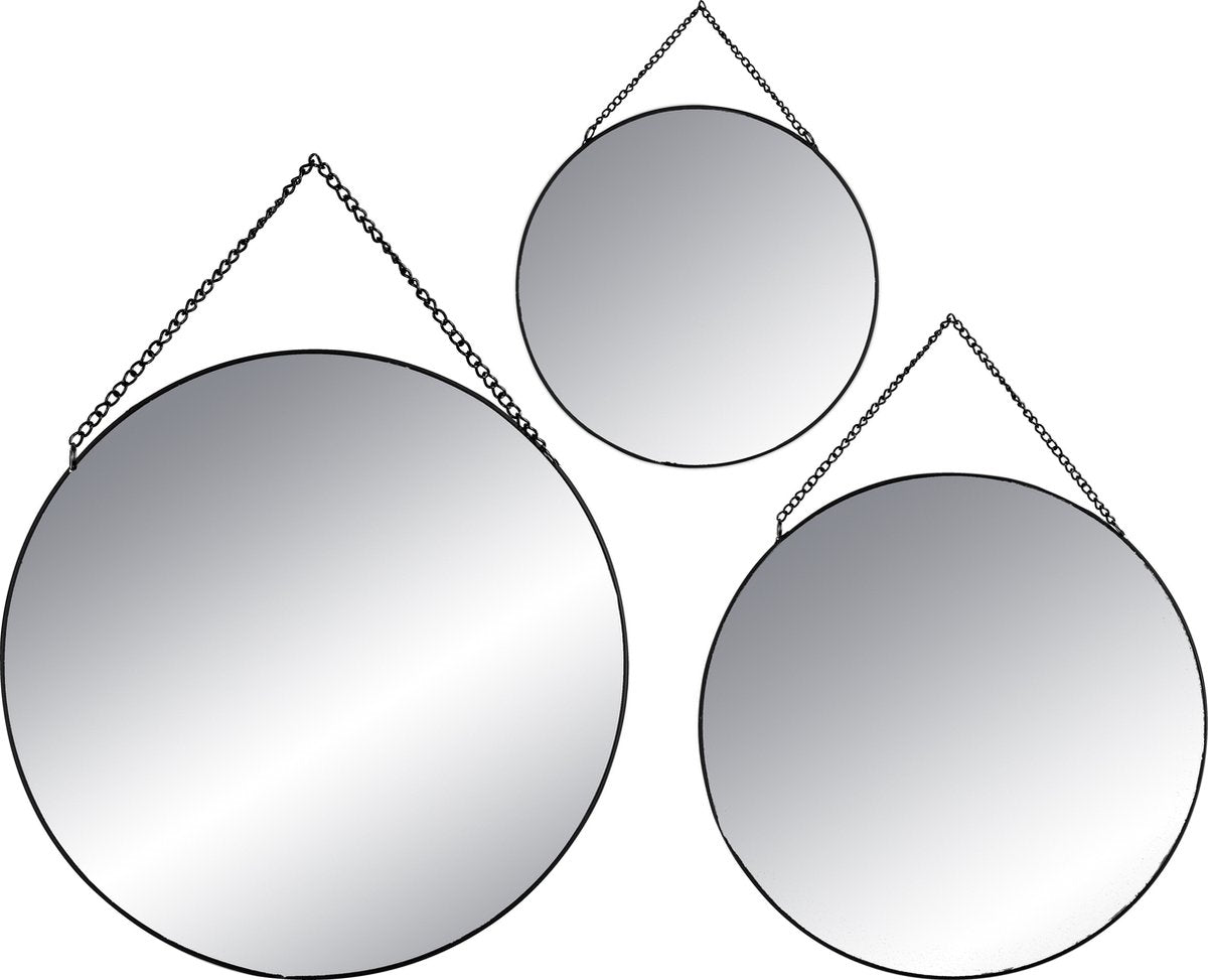 Ronde metalen spiegel met ketting - Set van 3 - zwart - Wandspiegel