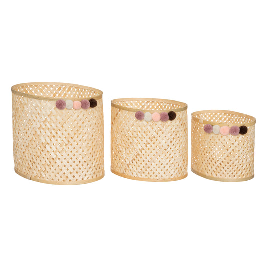 Atmosphera Kids Basket set pompon lot de 3 - Rangement - Naturel - Bambou