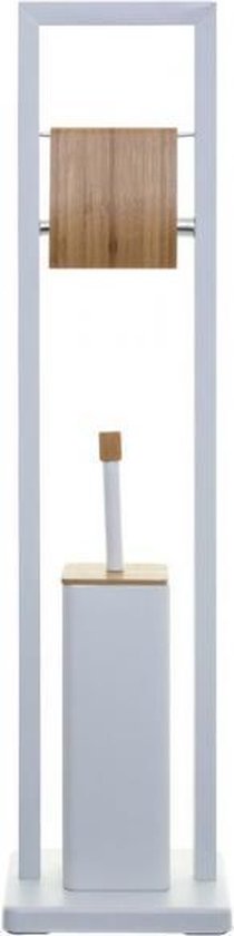 5Five Toilet roll holder standing metal with bamboo + toilet brush - White