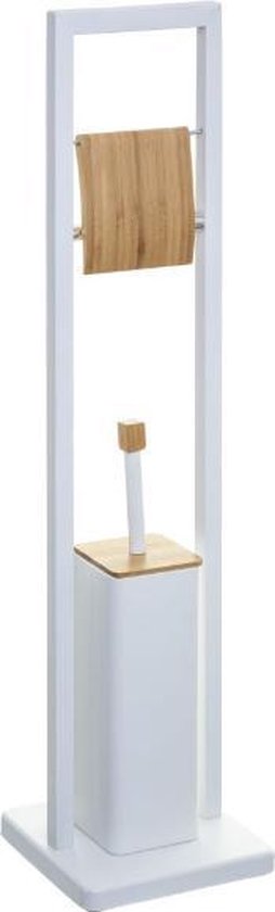 5Five Toilet roll holder standing metal with bamboo + toilet brush - White