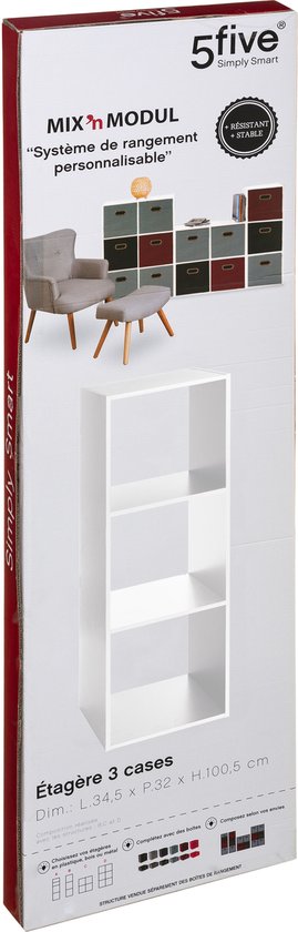 Five Simply Smart - Bibliothèque - 3 Compartiments - Blanc - 34,4 x 32 x 100,5 cm