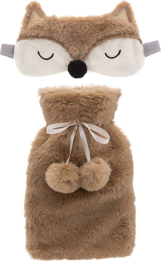 Superzachte fluffy vos warmwaterkruik en slaapmasker cadeau set bruin - 15 x 24 cm - Dieren bedkruik