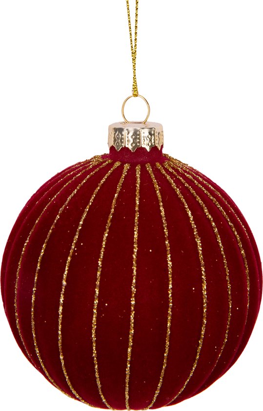 Cozy &amp; Trendy Christmas - Christmas baubles - Set of 2 - Glitter - Stripes - Bordeaux - D8cm - Glass