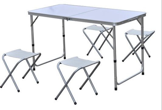 Camping table with four stools, extra light aluminum, foldable