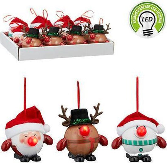 Christmas ball set with LED 3 pieces - Hanging decoration - Santa Claus - Snowman - Reindeer - Christmas decorations - Batteries included