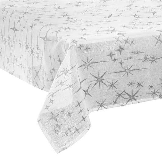 Nappe blanche avec étoiles argentées 140 x 240 cm - Article de décoration de fête - Noël - Nappe de Noël