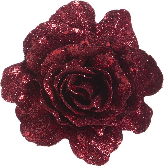 Cosy &amp; Trendy Christmas - Pince Rose - Lot de 2 - Paillettes - Rouge cerise - D10cm - Décoration sapin de Noël - Clips