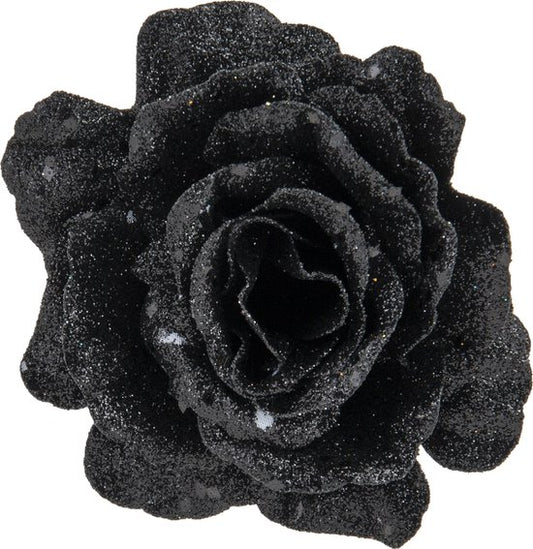 Cozy &amp; Trendy Christmas - Rose clip - Set of 2 - Glitter - Black - D10cm - Christmas tree decoration - Clips