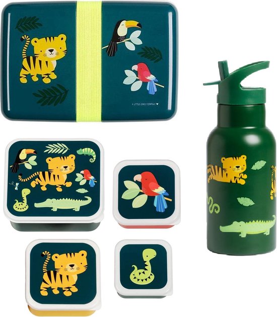 A Little Lovely Company Back to school set - Drinkfles / 4 Snackdozen / Lunchbox - Jungle tijger