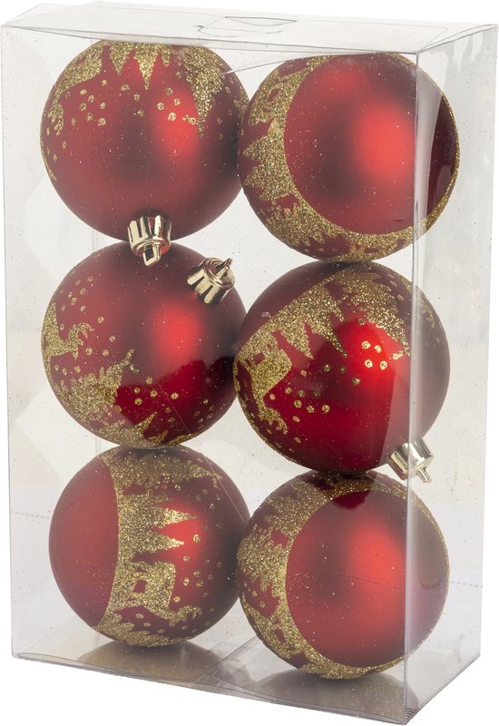 Cosy & Trendy Kerst - Kerstballen - Set van 6 - Trees Gold - Glitter - Rood - D8cm - Kunststof