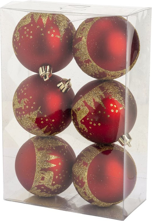 Cosy &amp; Trendy Christmas - Boules de Noël - Lot de 6 - Sapins Or - Paillettes - Rouge - D8cm - Plastique