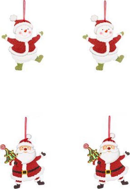 Kersthanger set van 4 met glitter - 2 kerstmannen en 2 sneeuwpoppen voor in de kerstboom - Kerstversiering