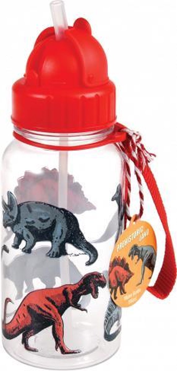 Rex London - Dino's - Prehistoric Land - Drinkfles met Rietje - 500ml - Rood