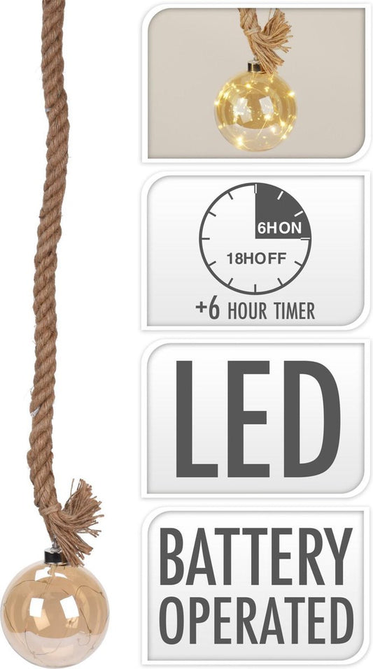 Glazen bal - ˜12cm - 19 LED - touw 95cm - met timer