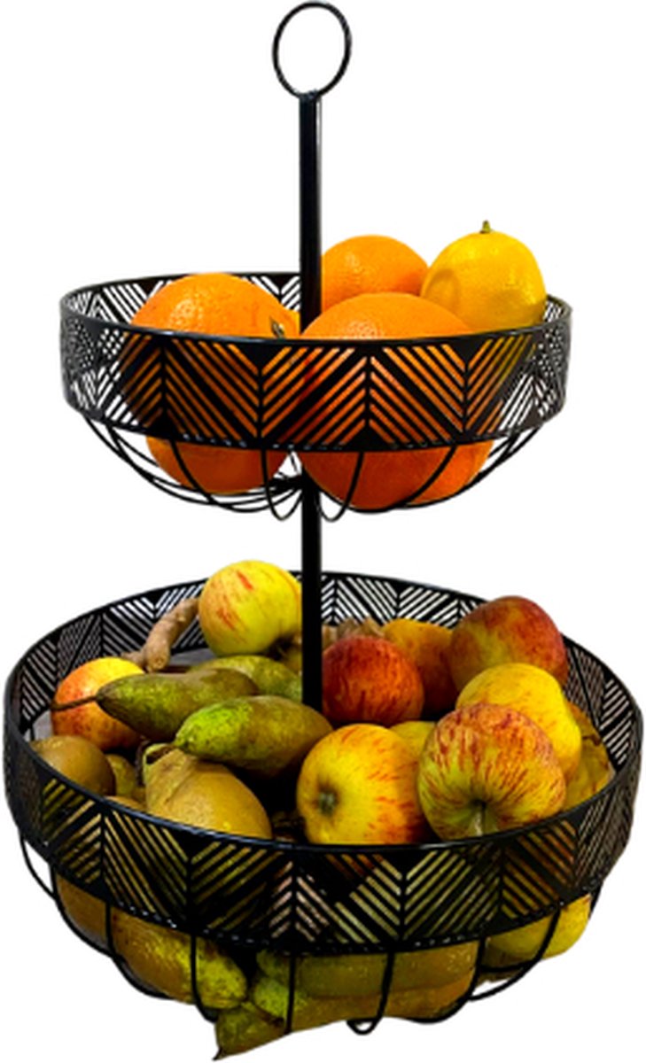Dubbele etagere fruitschaal/fruitmand rond zwart metaal 30 x 42 cm - Fruitschalen/fruitmanden - Draadmand van metaal