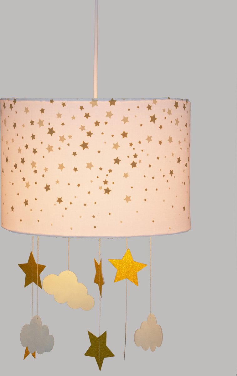 Atmosphera Kids Hanglamp wit met sterren en wolkjes - Goud - Kinderverlichting - E27 - 30 x 20 cm