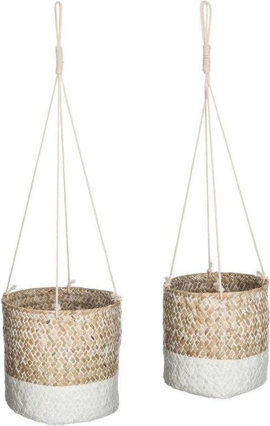 Hanging Wicker Basket Seagrass Natural White Set of 2