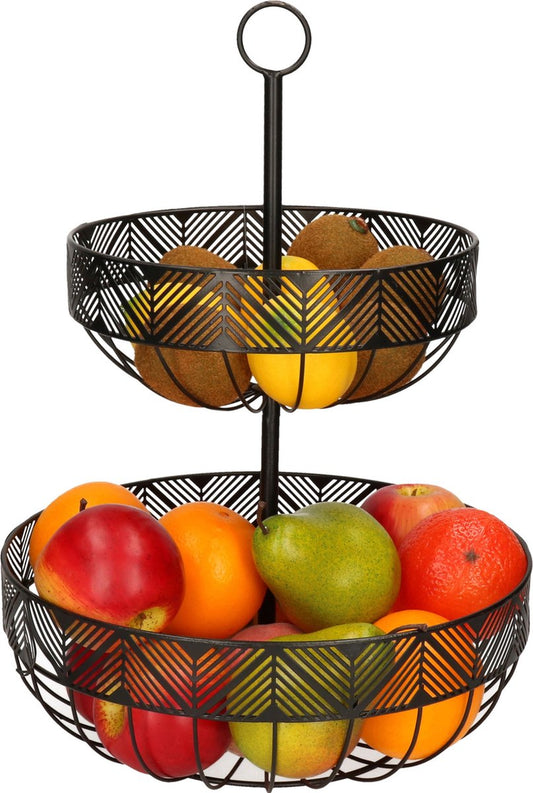 Dubbele etagere fruitschaal/fruitmand rond zwart metaal 30 x 42 cm - Fruitschalen/fruitmanden - Draadmand van metaal