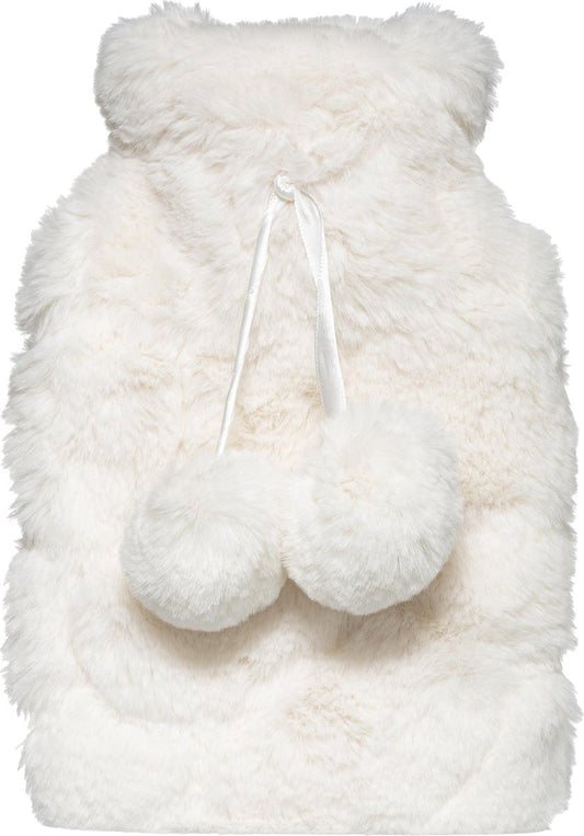 Hot water bottle with faux fur cover cream 280 ml - hot water bottle - With pompom