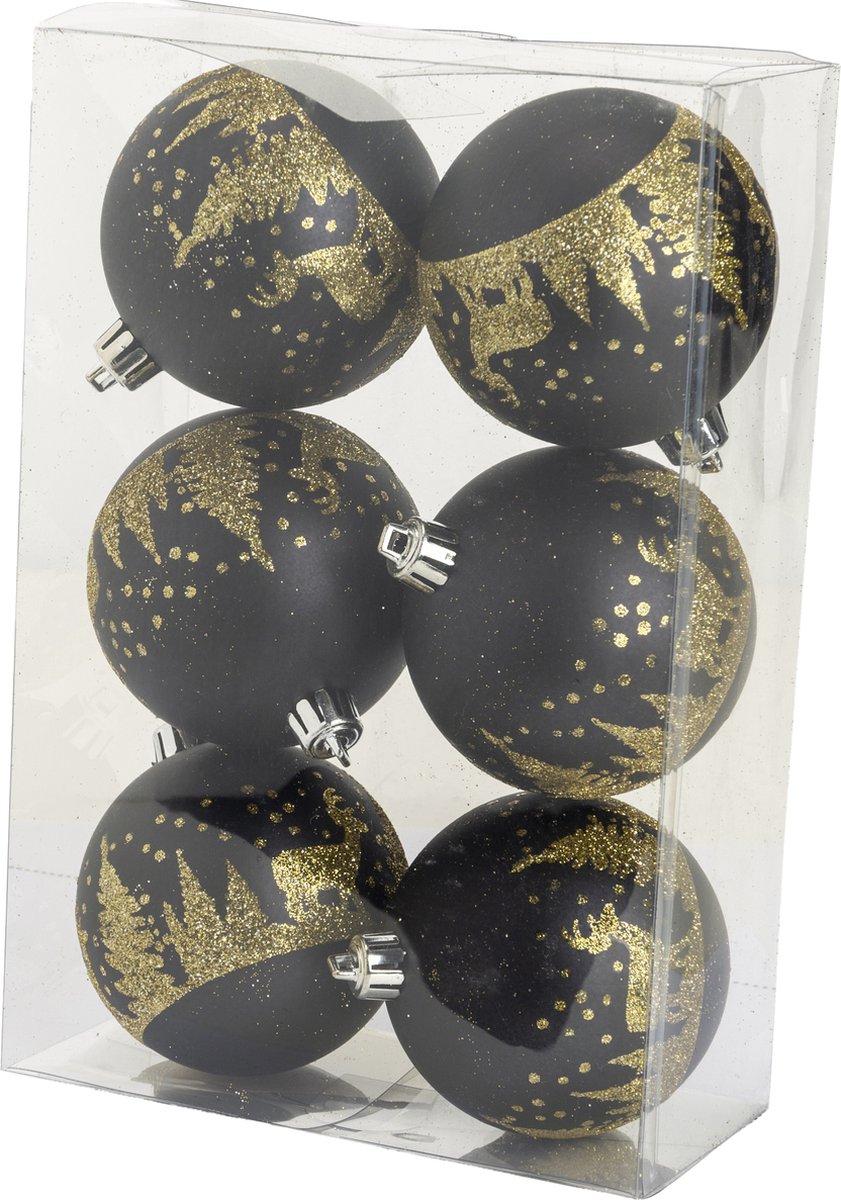 Cozy &amp; Trendy Christmas - Christmas balls black with gold glitter 6 pieces - Plastic - Ø8cm