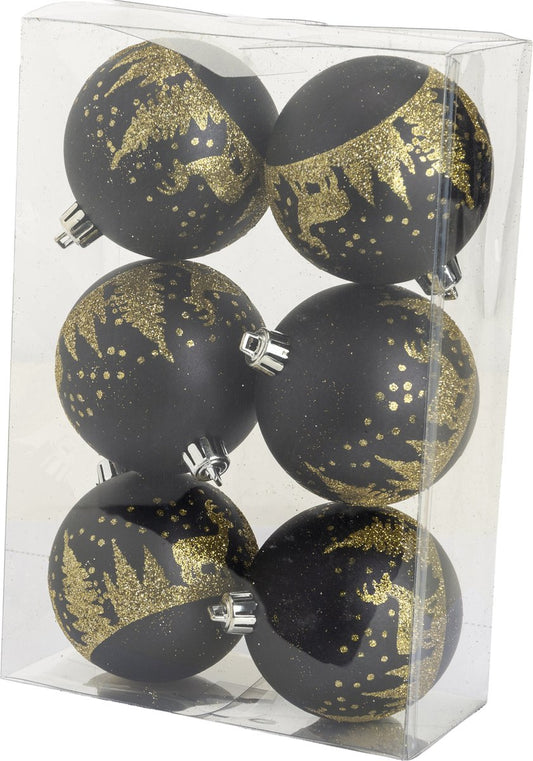 Cosy & Trendy Kerst - Kerstballen zwart met gouden glitter 6 stuks - Kunststof - o8cm