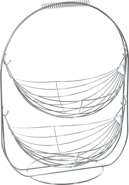 Dubbele etagere fruitschaal/fruitmand rond zilver metaal 34 x 25 x 46 cm - Fruitschalen/fruitmanden - Draadmand van metaal