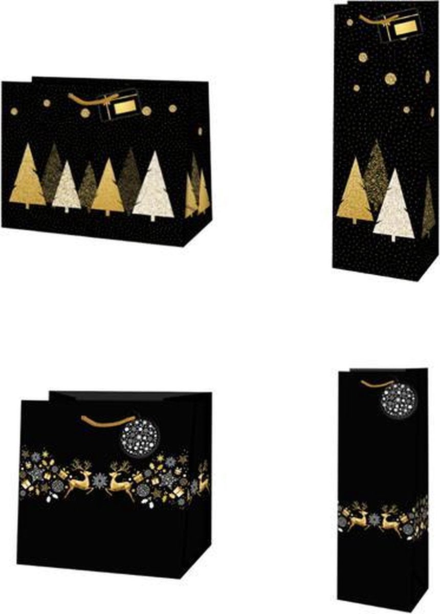 Luxe Cadeauzakje Kerst 4 stuks zwart goud - Inpakzakje kerstmis - set van 4 - Geschenktasje - Kerstboom - Rendier