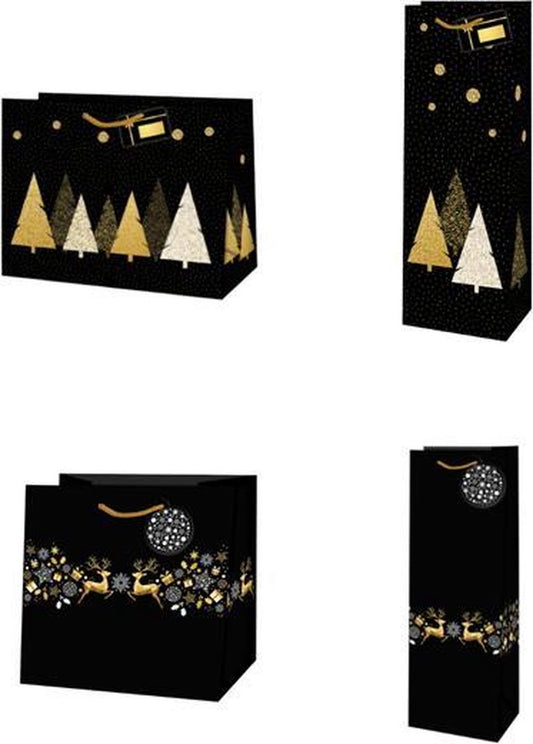 Luxury Christmas gift bag 4 pieces black gold - Christmas wrapping bag - set of 4 - Gift bag - Christmas tree - Reindeer