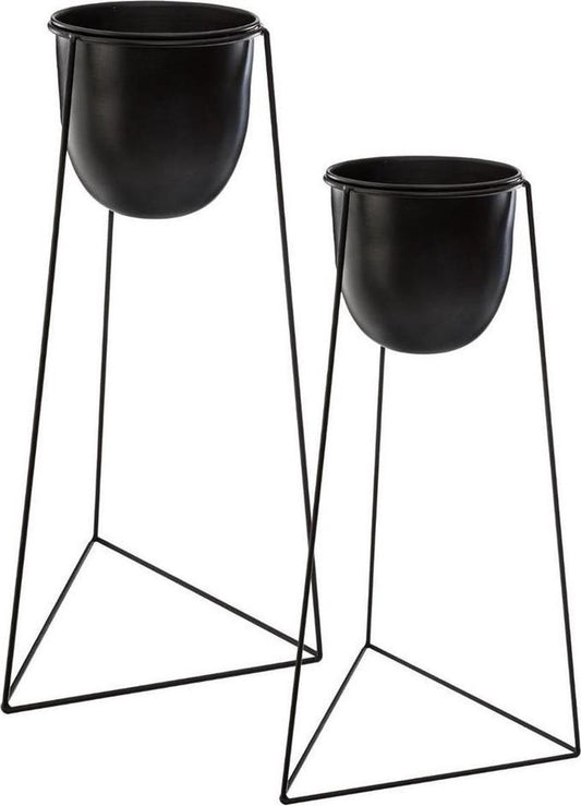 Standing Plant Pot Round Metal Black 25x22x48CM - 27x24x60CM -Set of 2