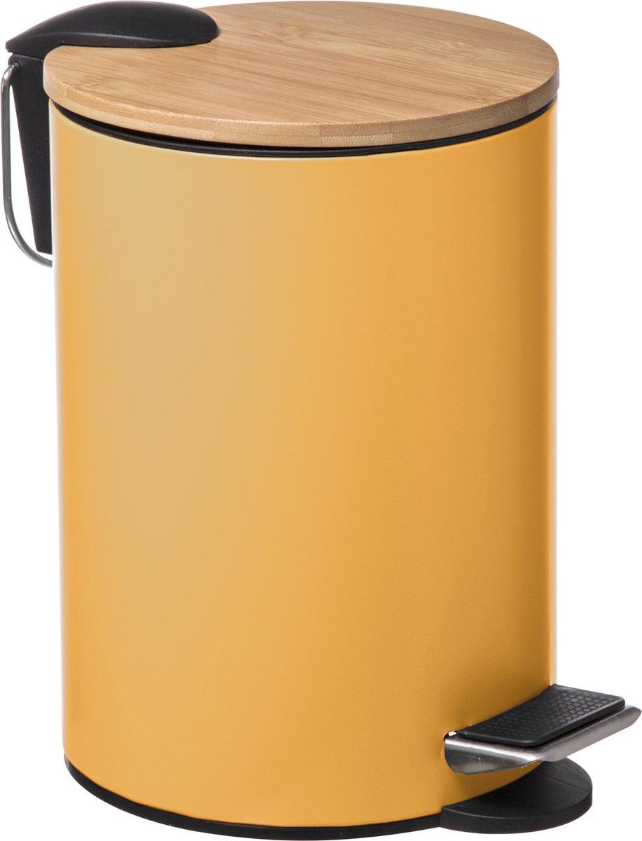 5Five Stylish &amp; Compact Waste Bin 3L with Bamboo Lid - Soft Close - Mustard