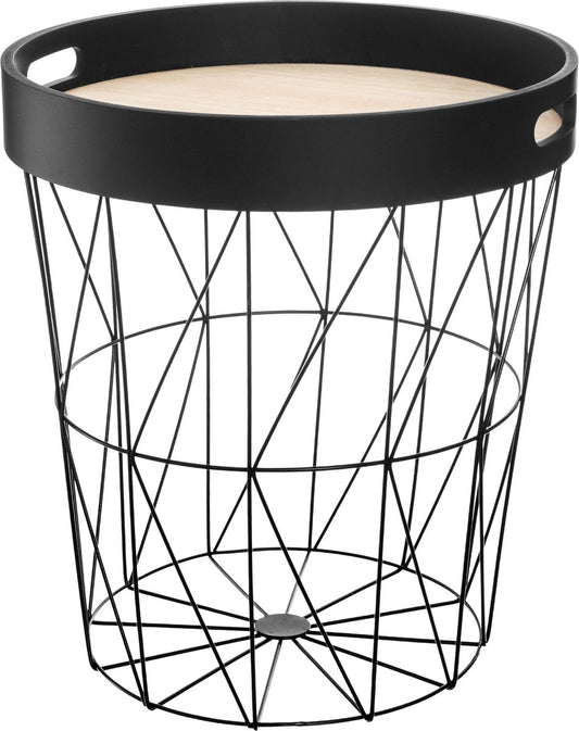 Atmosphera side table black with tray - Plateau with handles - Black - Wood - Metal - D. 35 x H. 38 cm - Wire basket