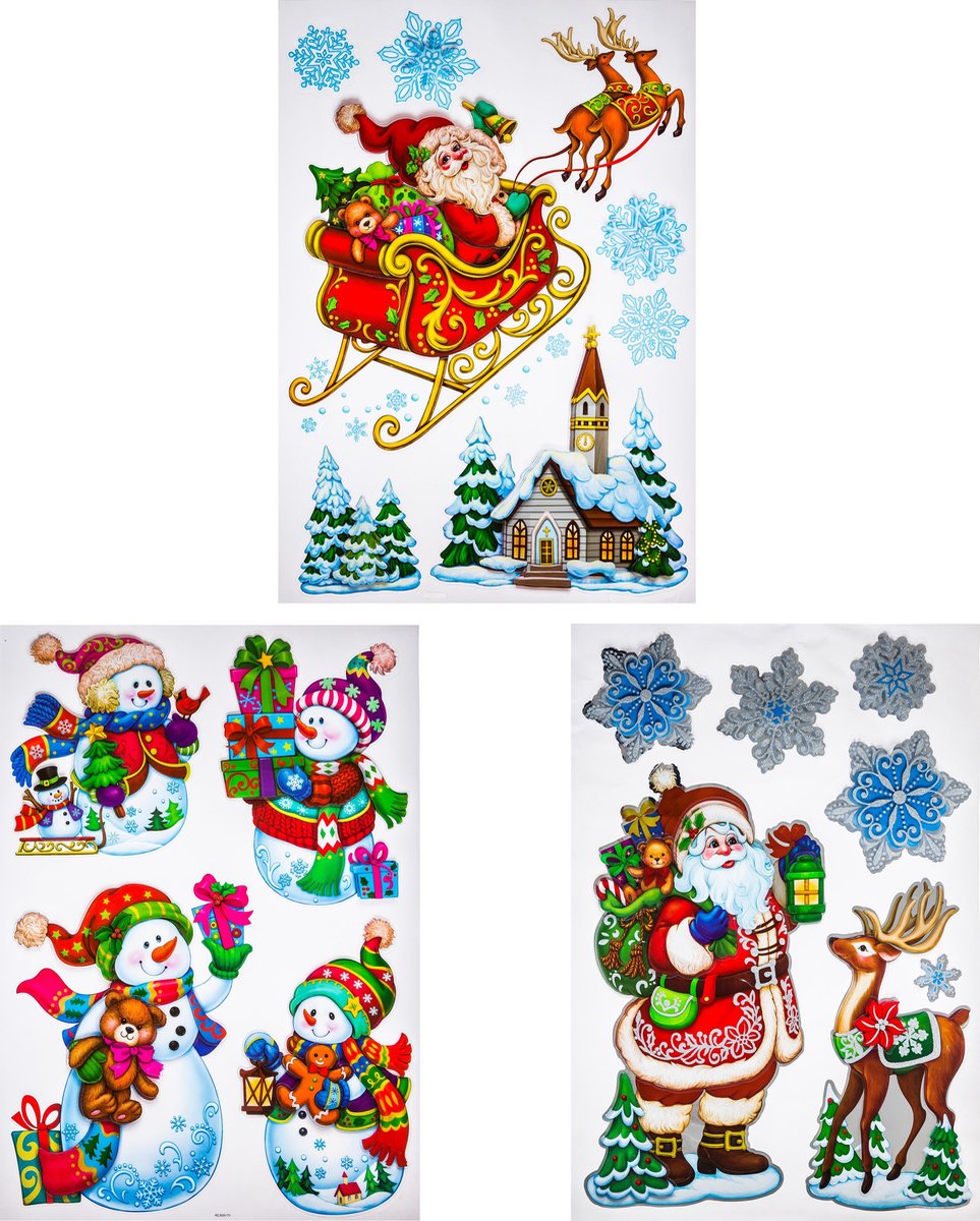 Kerst Raamstickers - Kerstman, Sneeuwpop en Rendier - 3 Stickers