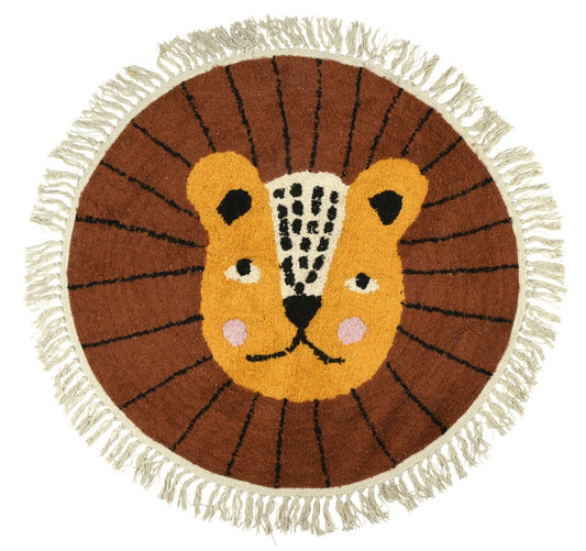 Tapis tête de lion à franges - Coton tufté - Rond - Dia 90 cm