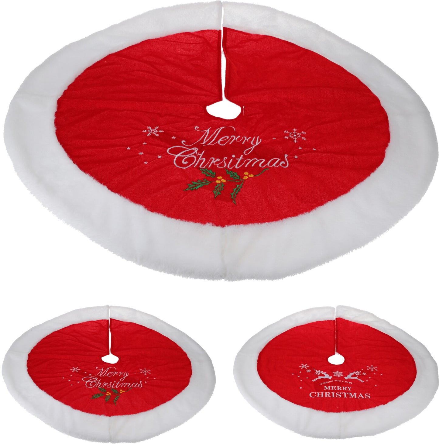 Christmas tree skirt Velvet - D100cm - Red with White - Merry Christmas