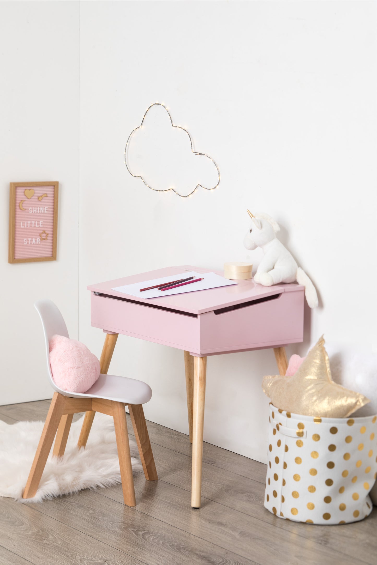 Atmospera Houten Bureau met roze - kindertafel - Bureautje met klep voor kinderen