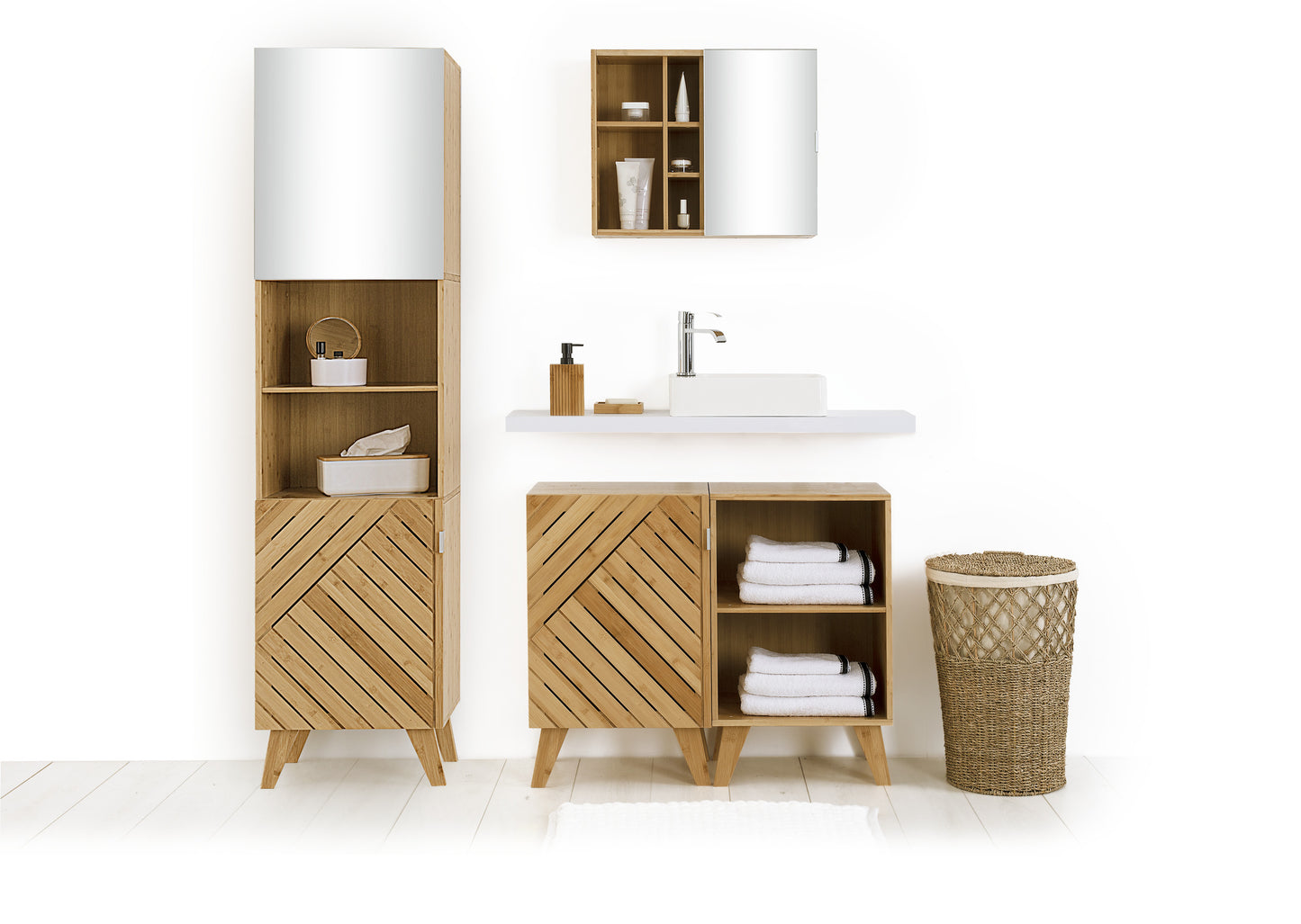 Armoire de salle de bain moderne en bambou 5Five avec porte miroir modulaire - Idéal pour n'importe quelle pièce, grande ou petite