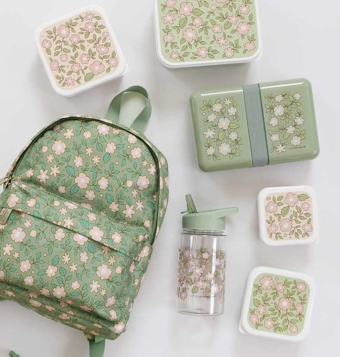 A Little Lovely Company Back to school set - Drinkfles/4 Snackdozen/Lunchbox - Bloesems saliegroen