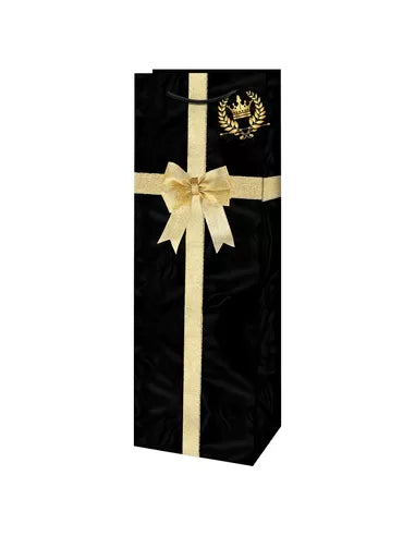 Sac cadeau bouteille de Noël 4 pièces - Noir avec noeud doré - 13 x 36 cm