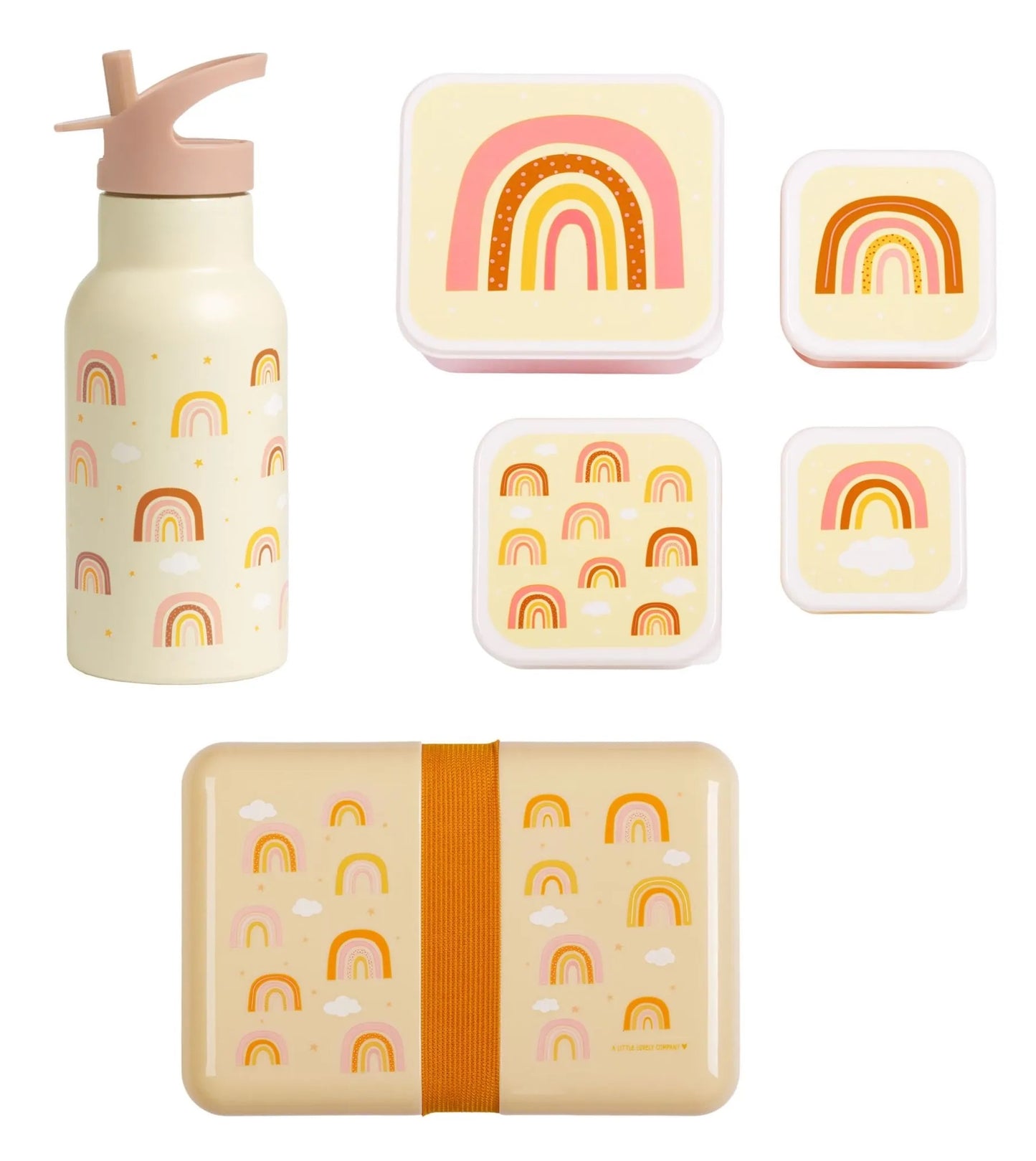 A Little Lovely Company Back to school set - Drinkfles RVS/4 Snackdozen/Lunchbox - Regenboog