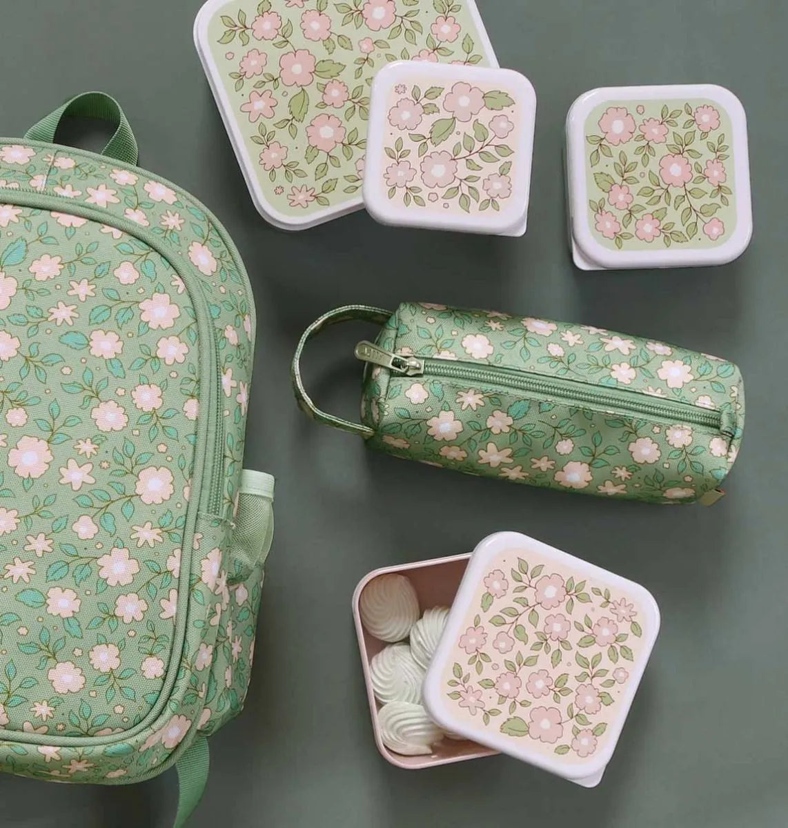 A Little Lovely Company Back to school set - Drinkfles/4 Snackdozen/Lunchbox - Bloesems saliegroen