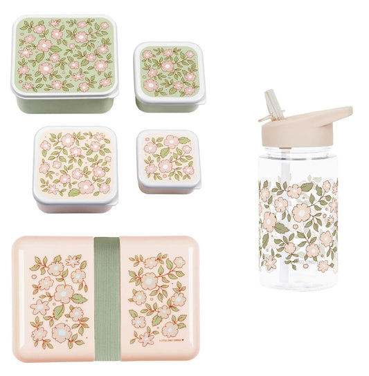 A Little Lovely Company Back to school set - Drinking bottle / 4 Snack boxes / Lunch box - Blossoms pink