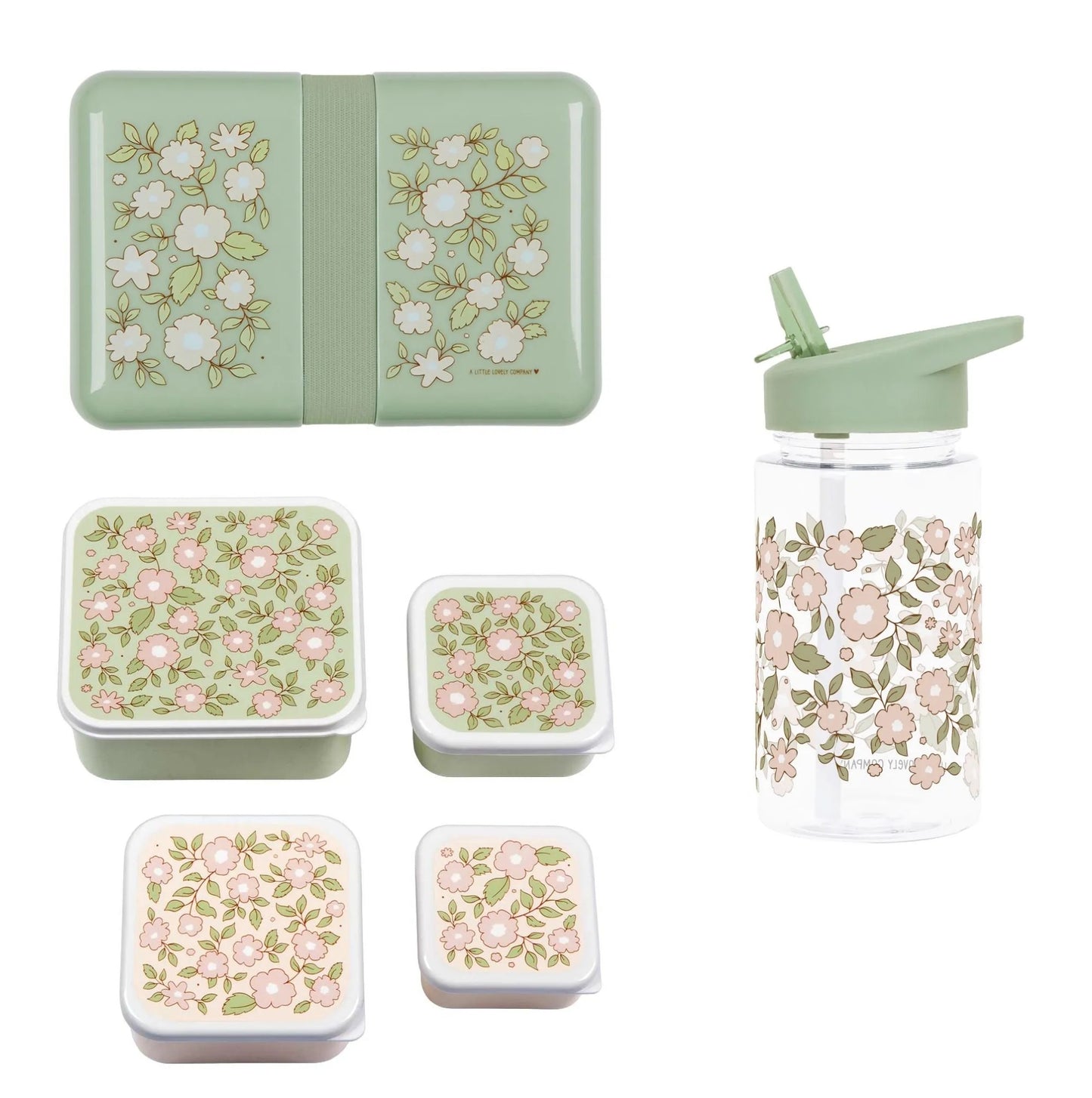 A Little Lovely Company Back to school set - Drinkfles/4 Snackdozen/Lunchbox - Bloesems saliegroen