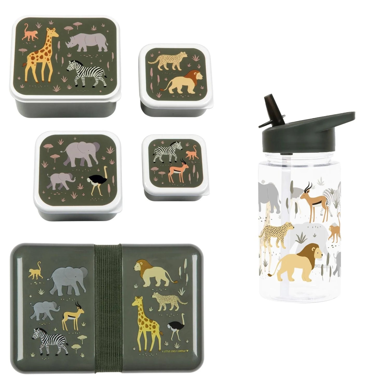 A Little Lovely Company Back to school set - Drinking bottle / 4 Snack boxes / Lunch box - Savanne