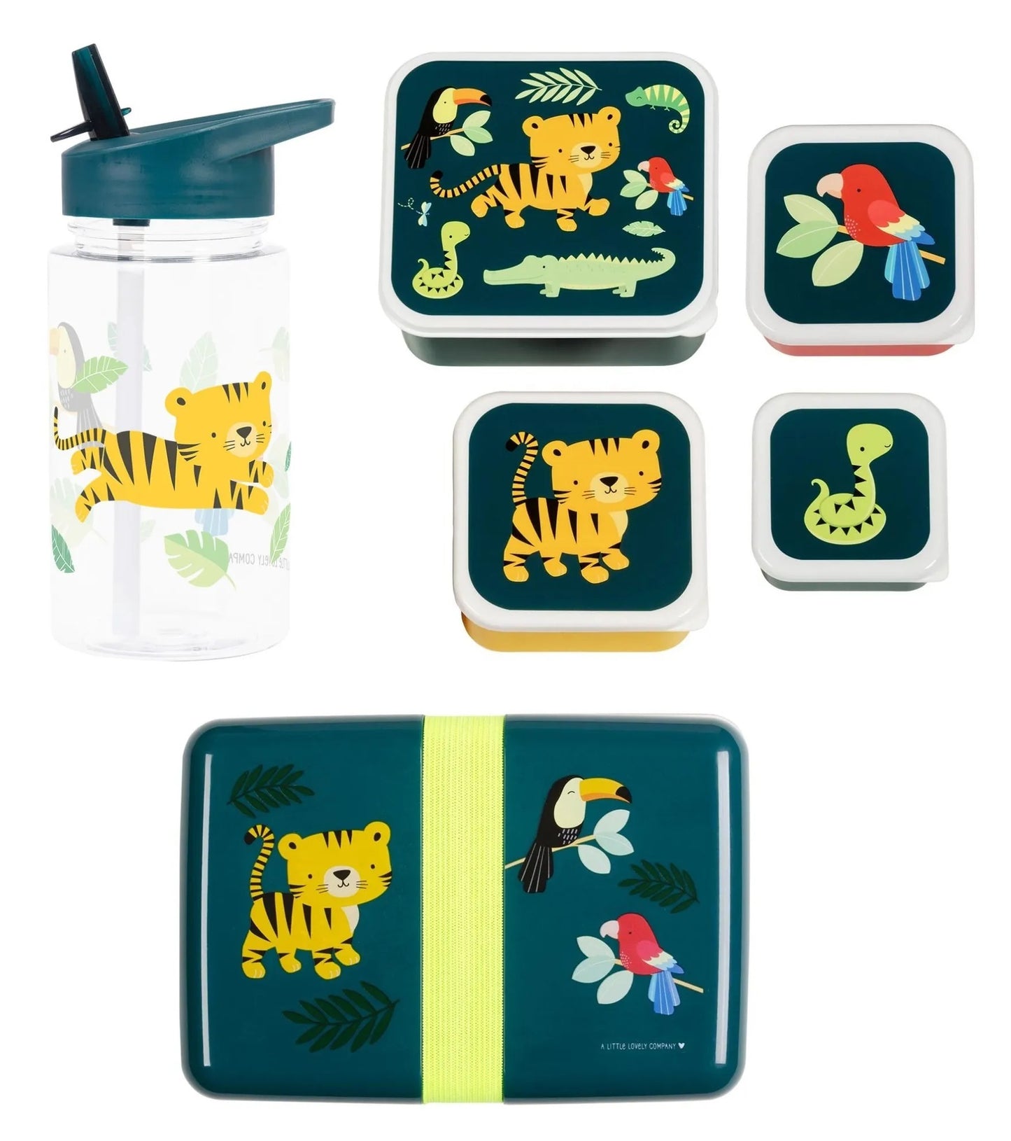 A Little Lovely Company Back to school set - Drinking bottle / 4 Snack boxes / Lunch box - Jungle tiger